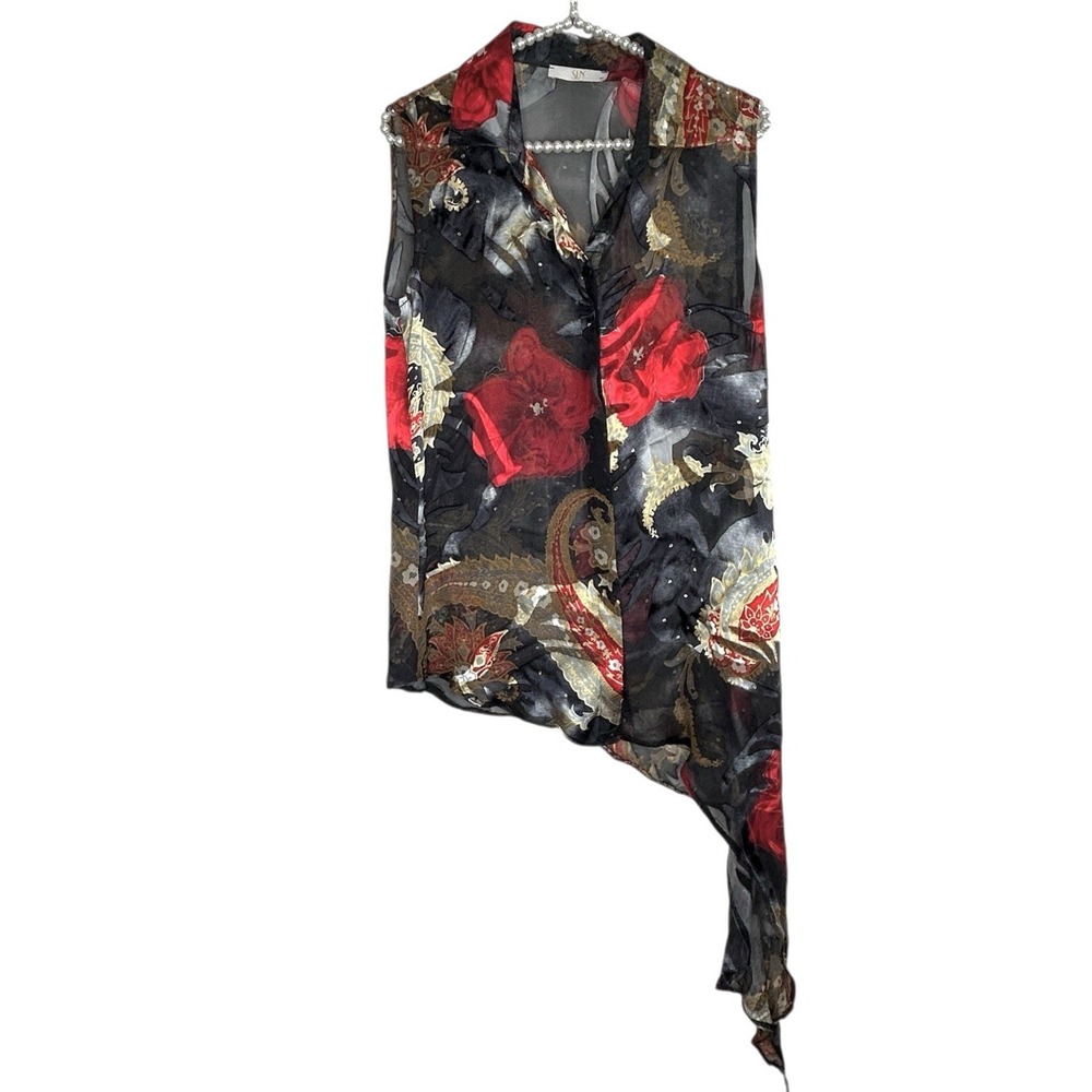 SLN‎ Silk Blend Asymmetric Floral Top 40 Med Sheer Whimsigoth Fairy Party Artsy